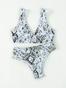 Summer Snakeskin Print High Waisted Bikini Set - Black and White - View 6