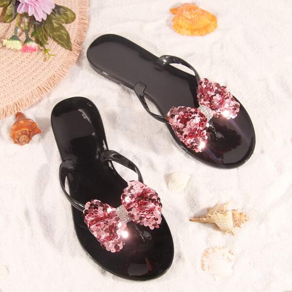 

Sequin Bow Decor Flip Flops, Black