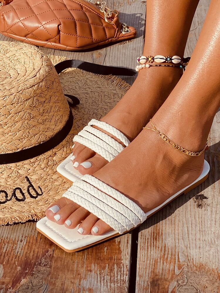 Dép trượt dây đeo bện tối giản - trắng - Xem 5