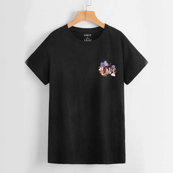 

Letter & Floral Print Short Sleeve Tee, Black