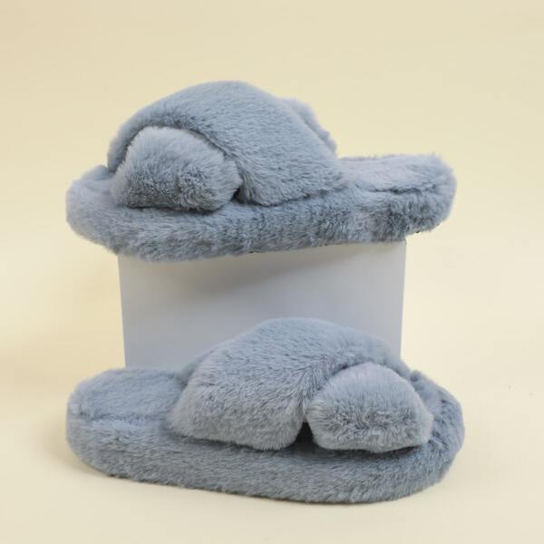 

Minimalist Cross Strap Fluffy Slippers, Dusty blue