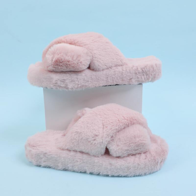 

Minimalist Cross Strap Fluffy Slippers, Baby pink