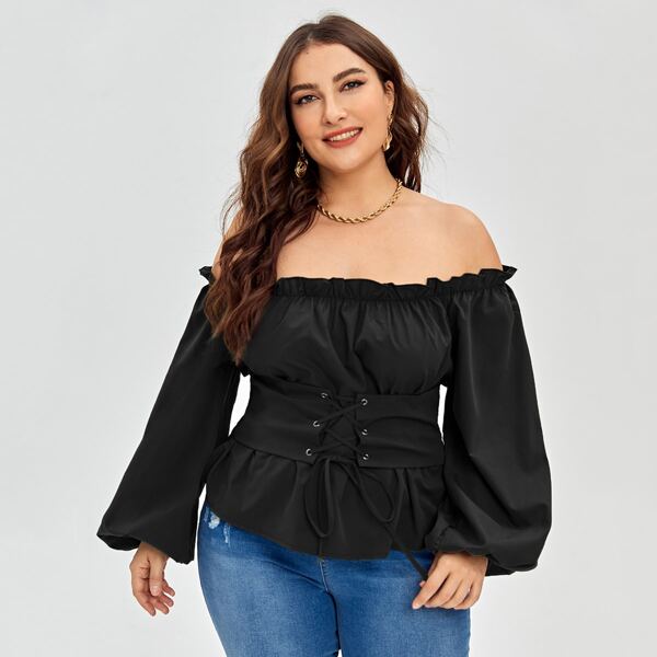 

Plus Bardot Bishop Sleeve Corset Shirred Back Blouse, Black
