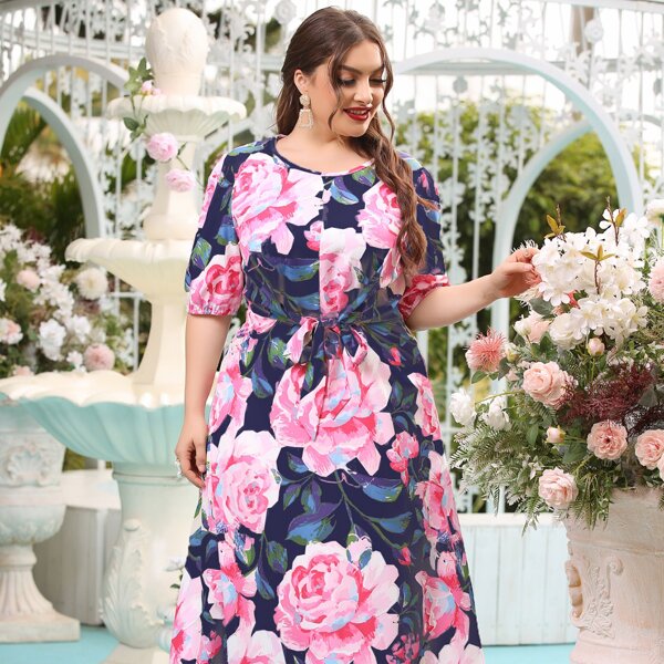 

Plus Allover Floral Tie Front Dress, Multicolor