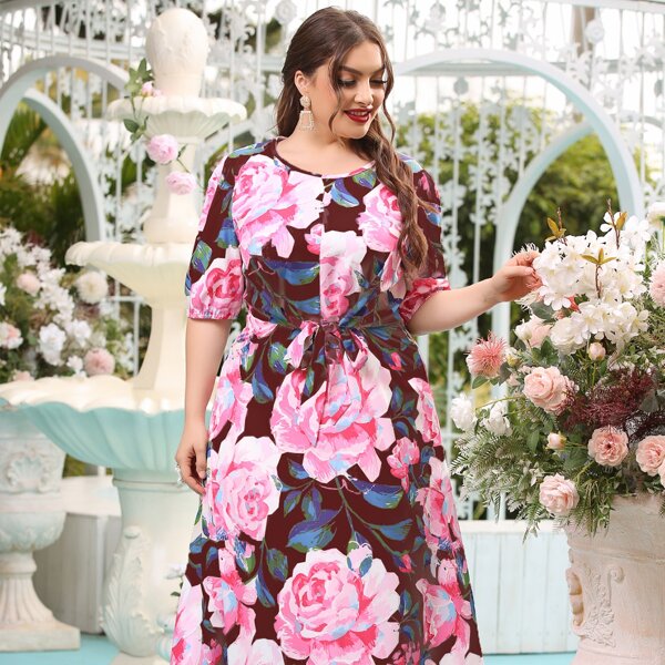 

Plus Allover Floral Tie Front Dress, Multicolor