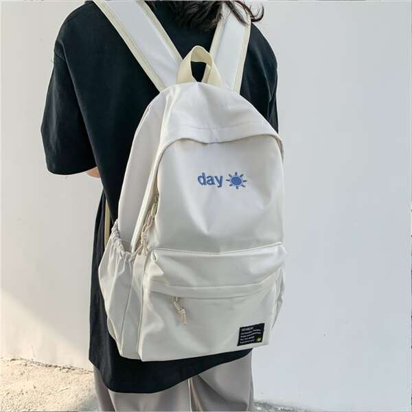 

Letter Embroidered Pocket Front Backpack, White