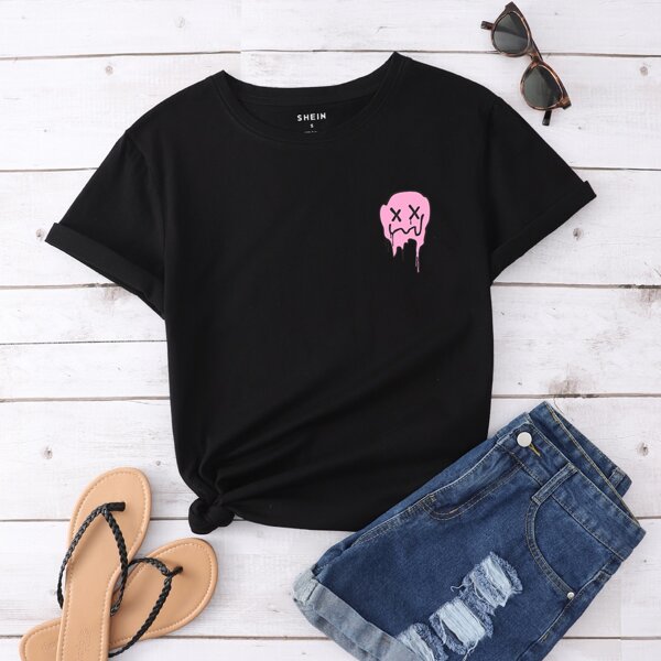 

Graphic Print Shorts Sleeve Tee, Black
