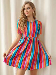 SHEIN Vestido de rayas de arcoíris de espalda con abertura - Multicolor - Ver 1