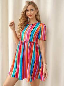 SHEIN Vestido de rayas de arcoíris de espalda con abertura - Multicolor - Ver 3