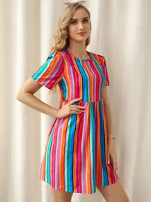 SHEIN Vestido de rayas de arcoíris de espalda con abertura - Multicolor - Ver 5