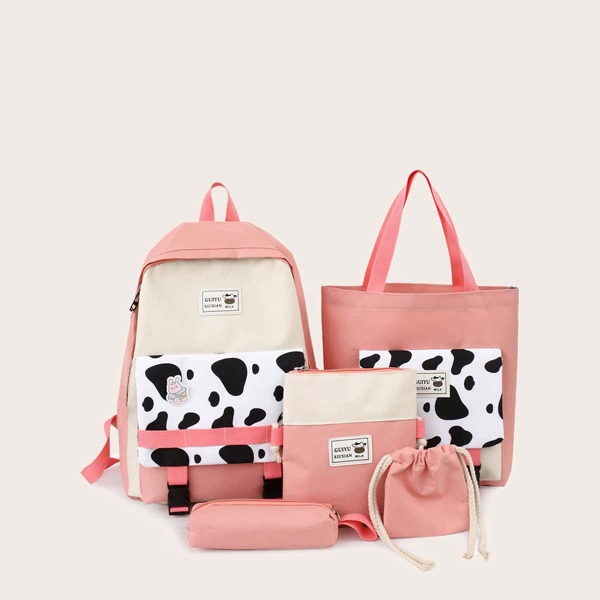 

5pcs Cow Print Backpack Set, Pink