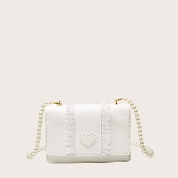 

Ruffle Trim Faux Pearl Strap Shoulder Bag, White