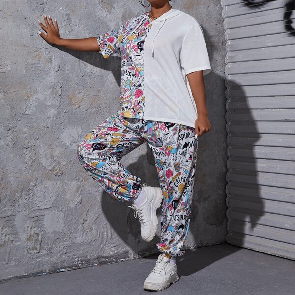 

Plus Cartoon & Letter Graphic Tee With Sweatpants, Multicolor