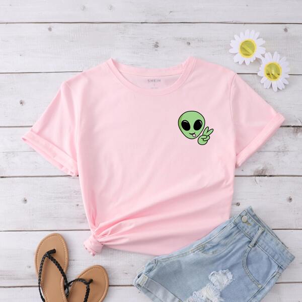 

Alien Print Shorts Sleeve Tee, Baby pink