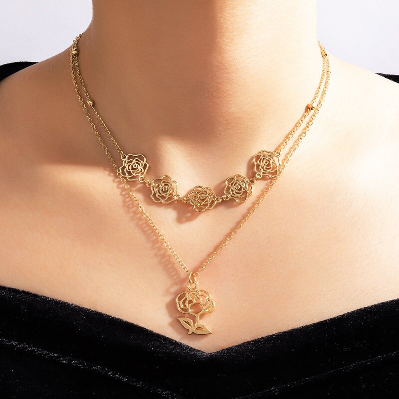 

Flower Layered Necklace, Gold