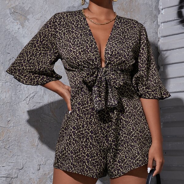 

Plus Leopard Print Plunging Tie Front Romper, Multicolor