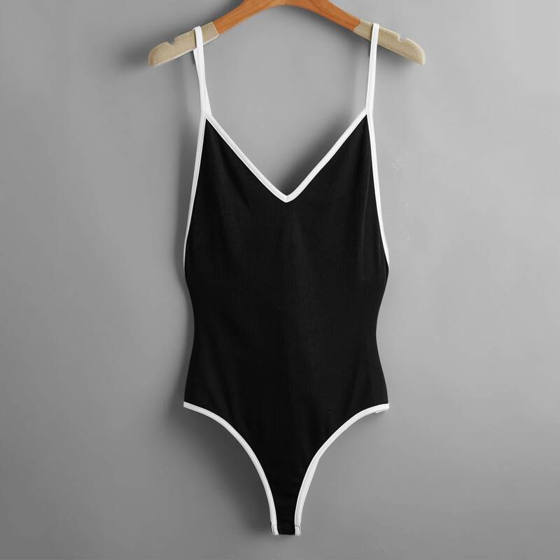 

Contrast Binding Ribbed Bodysuit, Black and white