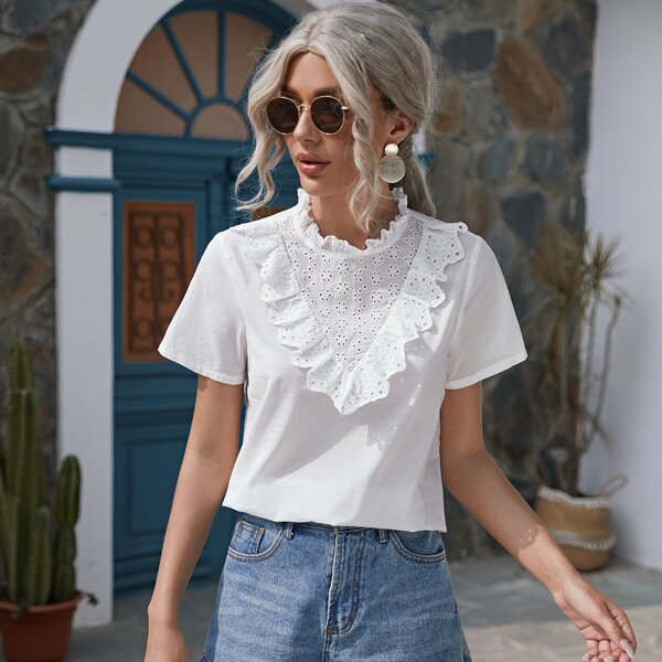 

Eyelet Embroidered Ruffle Trim Top, White