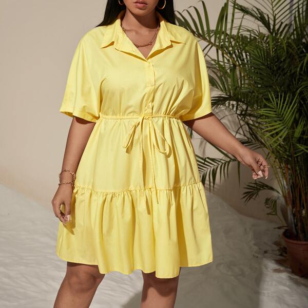 

Plus Solid Tie Front Shirt Dress, Yellow