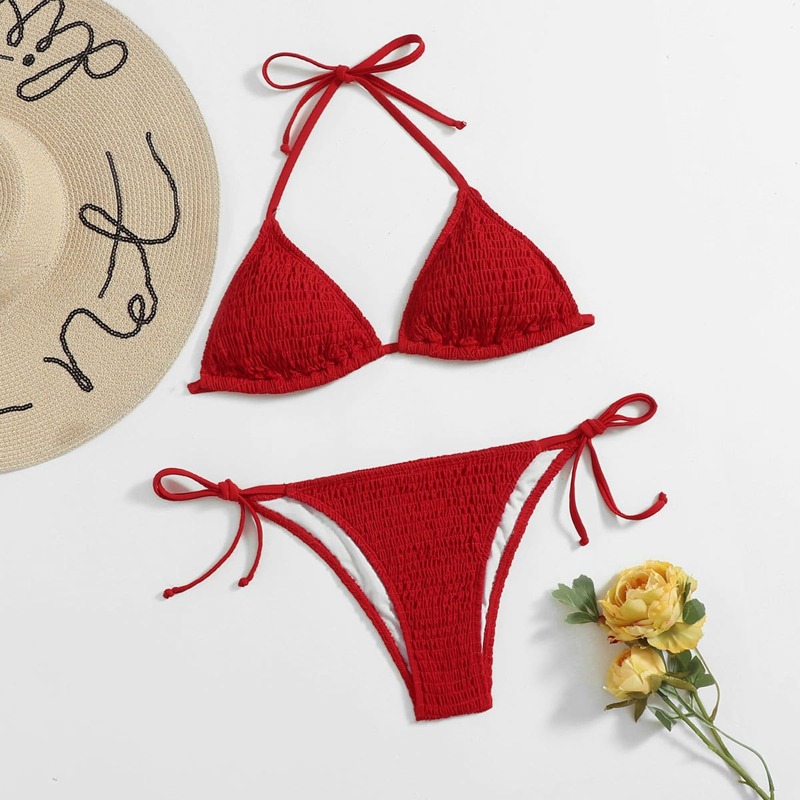 

Solid Smocked Bikini Swimsuit, Red