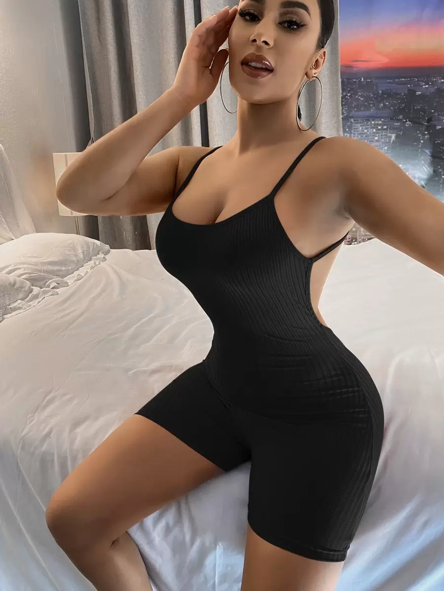 SHEIN SXY Solid Backless Skinny Cami Romper - Black - View 1