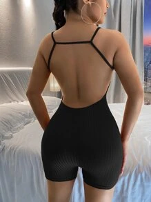 SHEIN SXY Solid Backless Skinny Cami Romper - Black - View 2