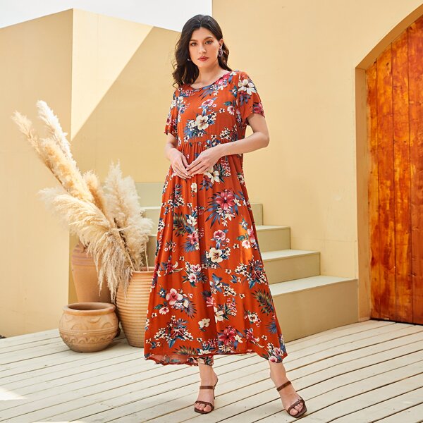 

Floral Print Smock Dress, Burnt orange