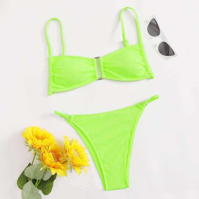 

Metal Decor Tanga Bikini Swimsuit, Lime green