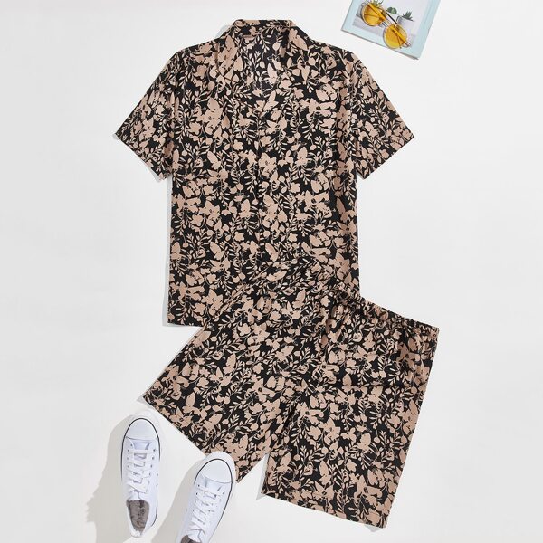 

Men Lapel Collar Floral Print PJ Set, Multicolor