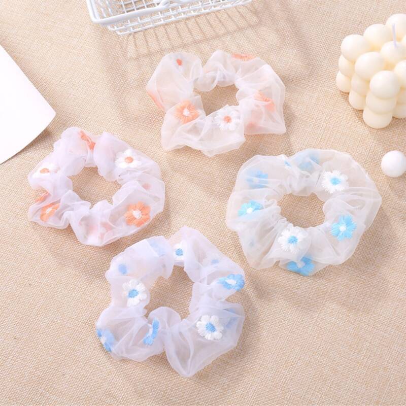 

4pcs Flower Embroidery Scrunchie, Multicolor