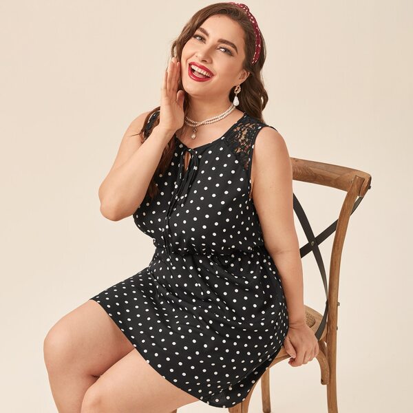

Plus Polka Dot Contrast Lace Tie Neck A-line Dress, Black
