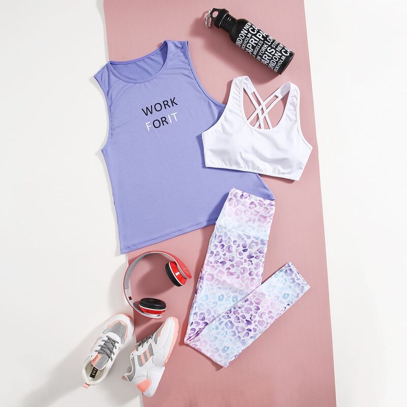 

3pcs Letter Graphic Tank Top & Bra & Leggings, Multicolor