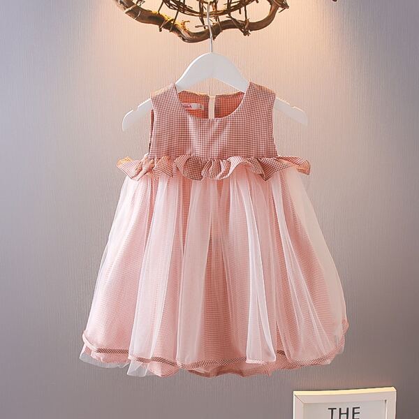 

Toddler Girls Gingham Print Contrast Mesh Smock Dress, Pink