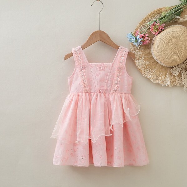 

Toddler Girls Square Neck Contrast Mesh Dress, Baby pink