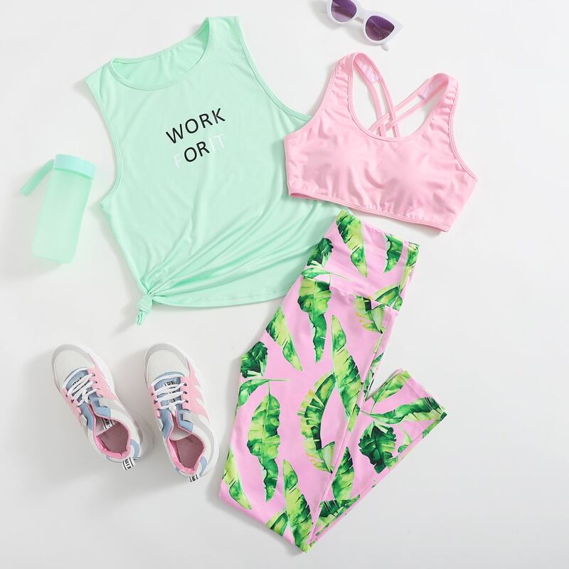 

1pc Slogan Tank Top & 1pc Sports Bra & 1pc Plants Leggings, Multicolor