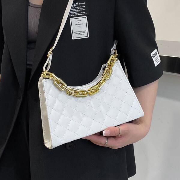 

Quilted Chain Satchel Bag, White