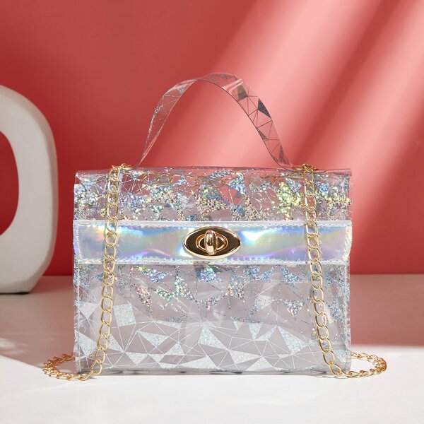 

Glitter Geometric Graphic Twist Lock Chain Bag, Clear