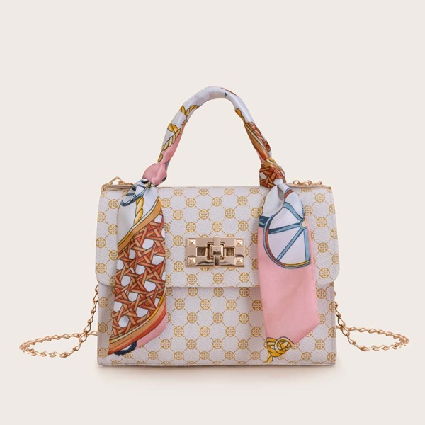 

Twilly Scarf Decor Geometric Pattern Satchel Bag, White