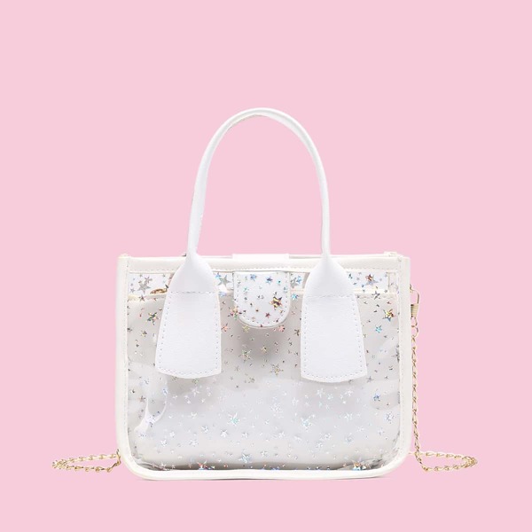 

Clear Star Graphic Satchel Bag With Inner Pouch, White