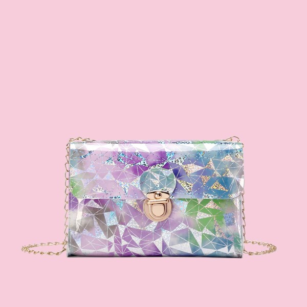 

Glitter Geometric Graphic Push Lock Chain Bag, Purple