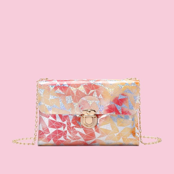 

Glitter Geometric Graphic Push Lock Chain Bag, Multicolor