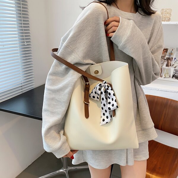 

Twilly Scarf Decor Shoulder Tote Bag, Beige