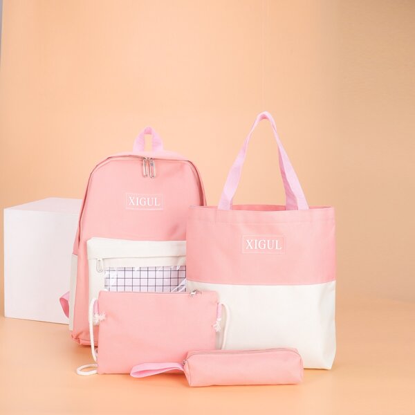 

4Pcs Letter Graphic Two Tone Bag Set, Pink