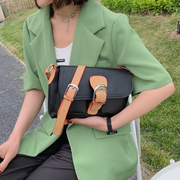 

Buckle Decor Two Tone Crossbody Bag, Black