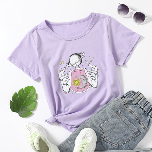 

Girls Hand And Galaxy Print Tee, Lilac purple