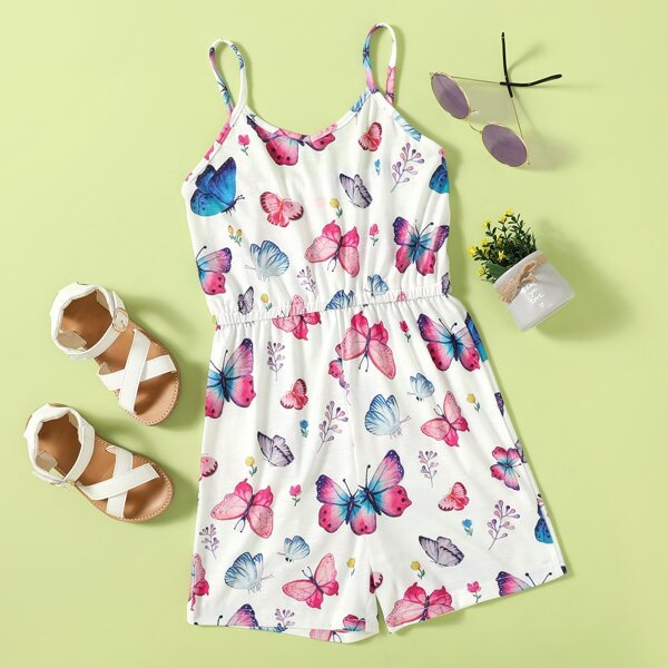 

Girls Butterfly Print Cami Romper, Multicolor