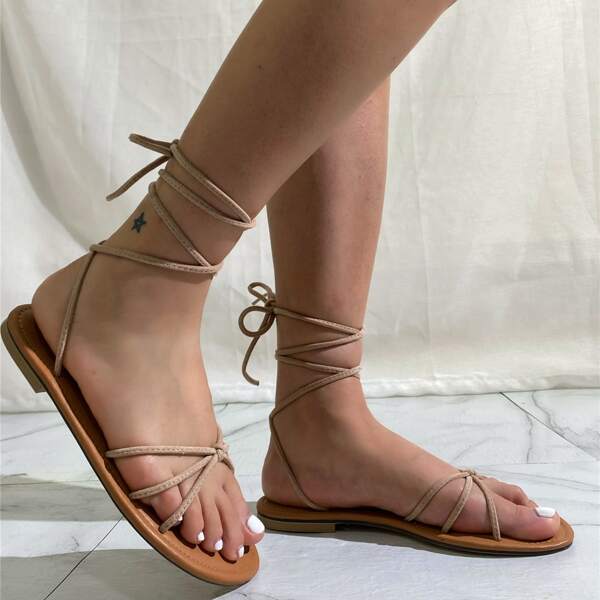 

Tie Leg Flat Sandals, Apricot