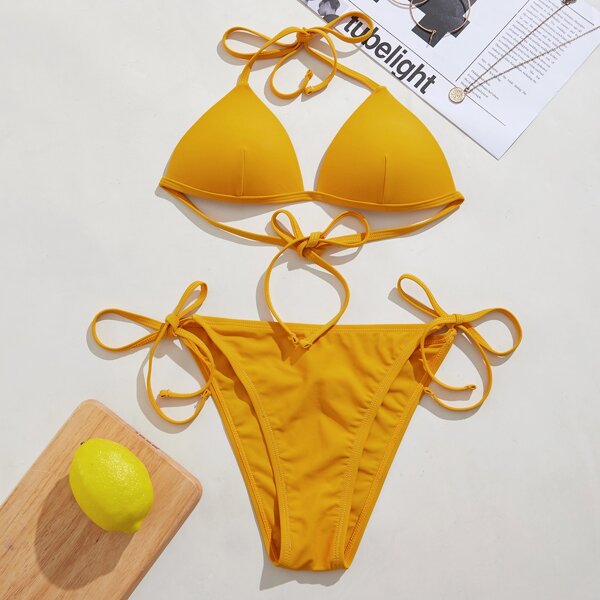 

Push Up Tie Side Bikini Swimsuit, Yellow