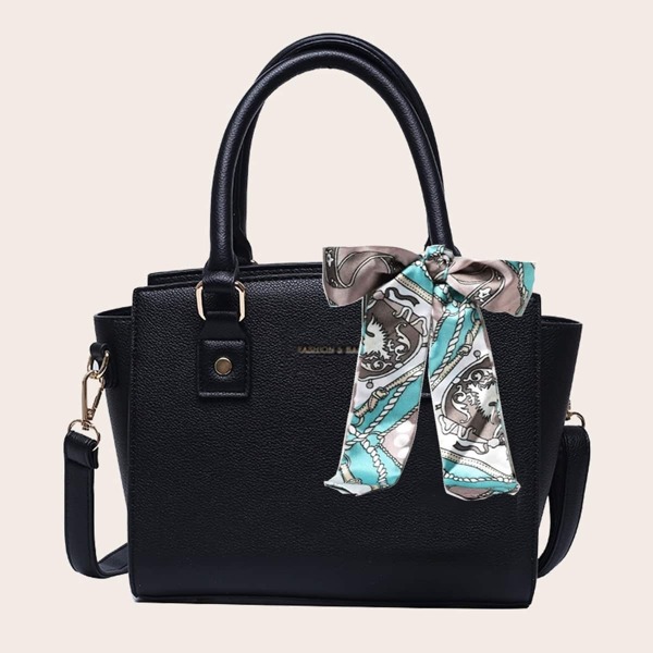 

Twilly Scarf Decor Satchel Bag, Black