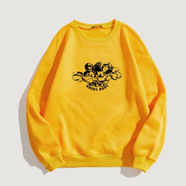 

Angel & Letter Graphic Oversized Thermal Sweatshirt, Yellow